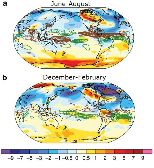 The extent of Younger Dryas cooling. The abrupt return to near-glacial conditions around 12,900 years ago is recorded in ice cores, ocean sediments and pollen records across the northern hemisphere.