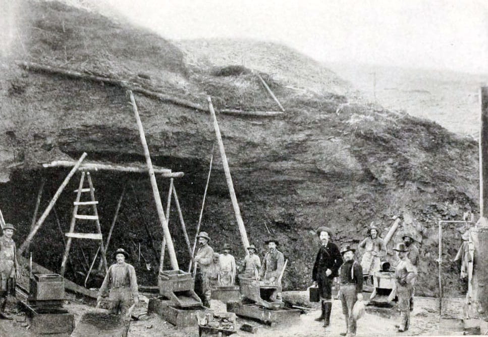 Hillside mining during the Klondike Gold Rush around 1899. The discovery of gold in 1896 drew tens of thousands of prospectors north in one of the most famous stampedes for gold in history.