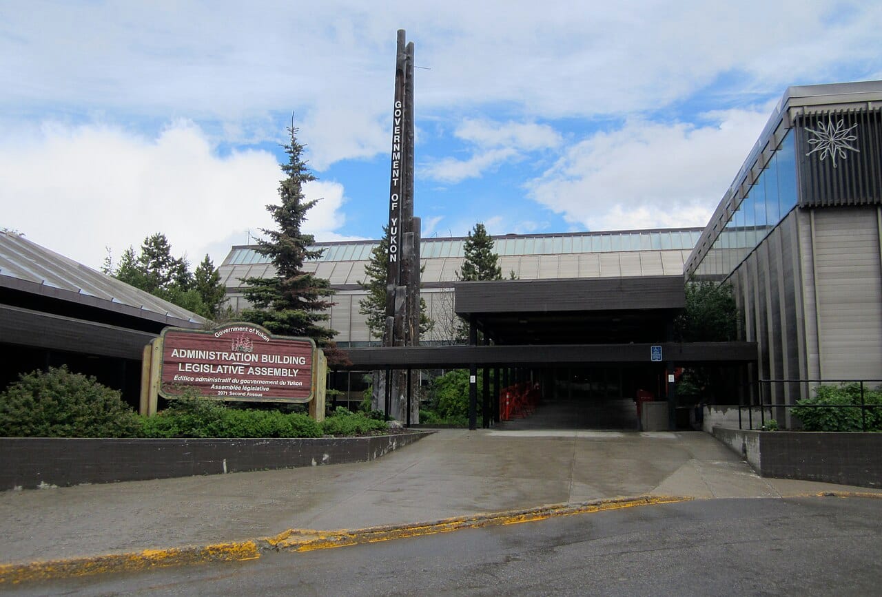 The Yukon Legislative Assembly building in Whitehorse, the capital. Yukon is unusual among the territories in having a party political system like the provinces.