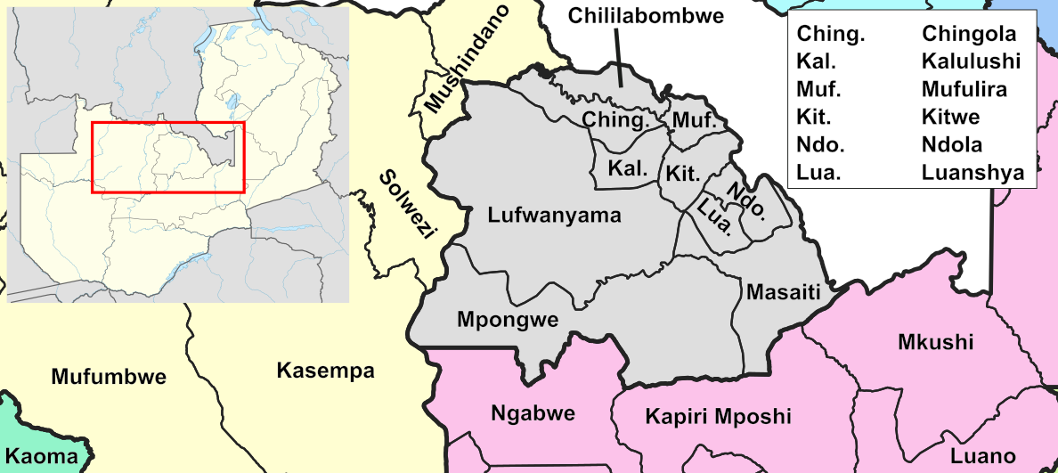 A map of the Copperbelt, the mining region strung along Zambia's northern border with the Democratic Republic of the Congo. Its copper mines are the heart of the economy, drawing the country's cities, railways, and workforce and earning most of its foreign exchange.