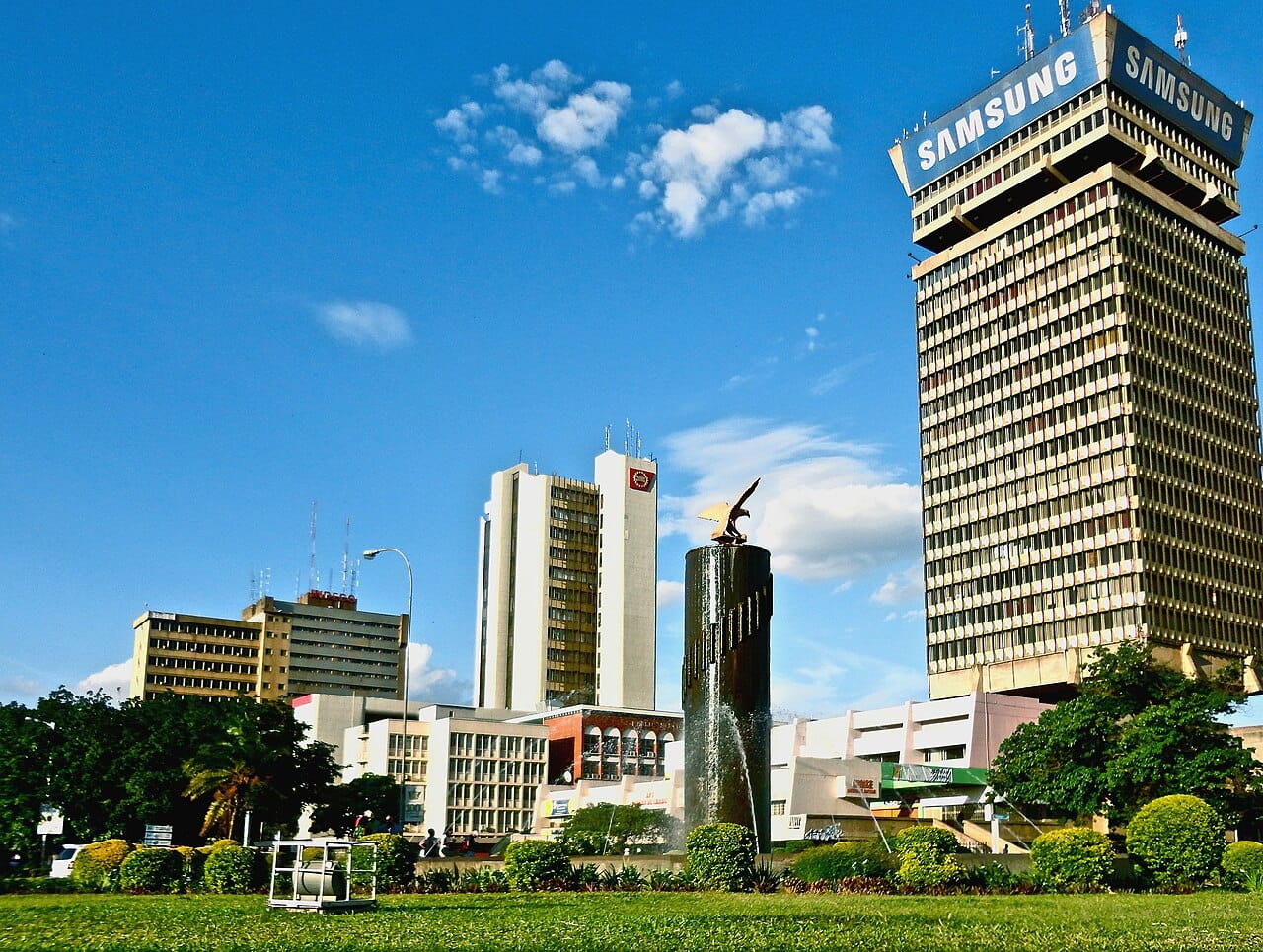 Downtown Lusaka, the capital and largest city of Zambia, in the centre of the country. Grown from a colonial railway town into a busy metropolis, it is the political and commercial hub of the nation.