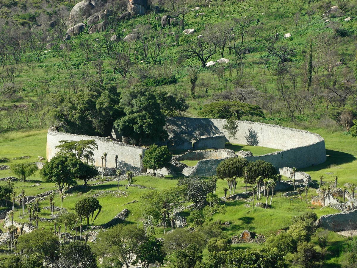 The ruins of Great Zimbabwe, the greatest power of the wider Zambezi region in the later Middle Ages. The kingdoms of what is now Zambia traded copper, gold, and ivory into this network that reached the Indian Ocean coast.
