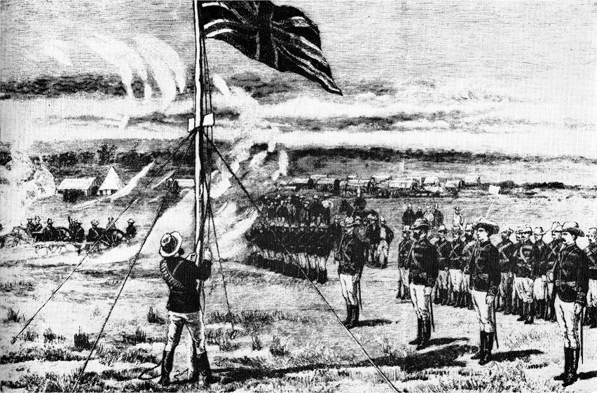 The Union Jack raised over Fort Salisbury in 1890, marking the founding of the settler colony that became Rhodesia. For ninety years the land was ruled by and for its white minority.