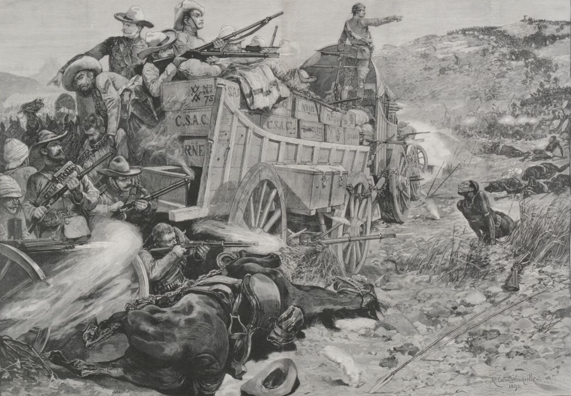 Fighting during the British conquest of the territory in the 1890s, which established white-minority rule. Credit: Richard Caton Woodville Jr. (Public domain).