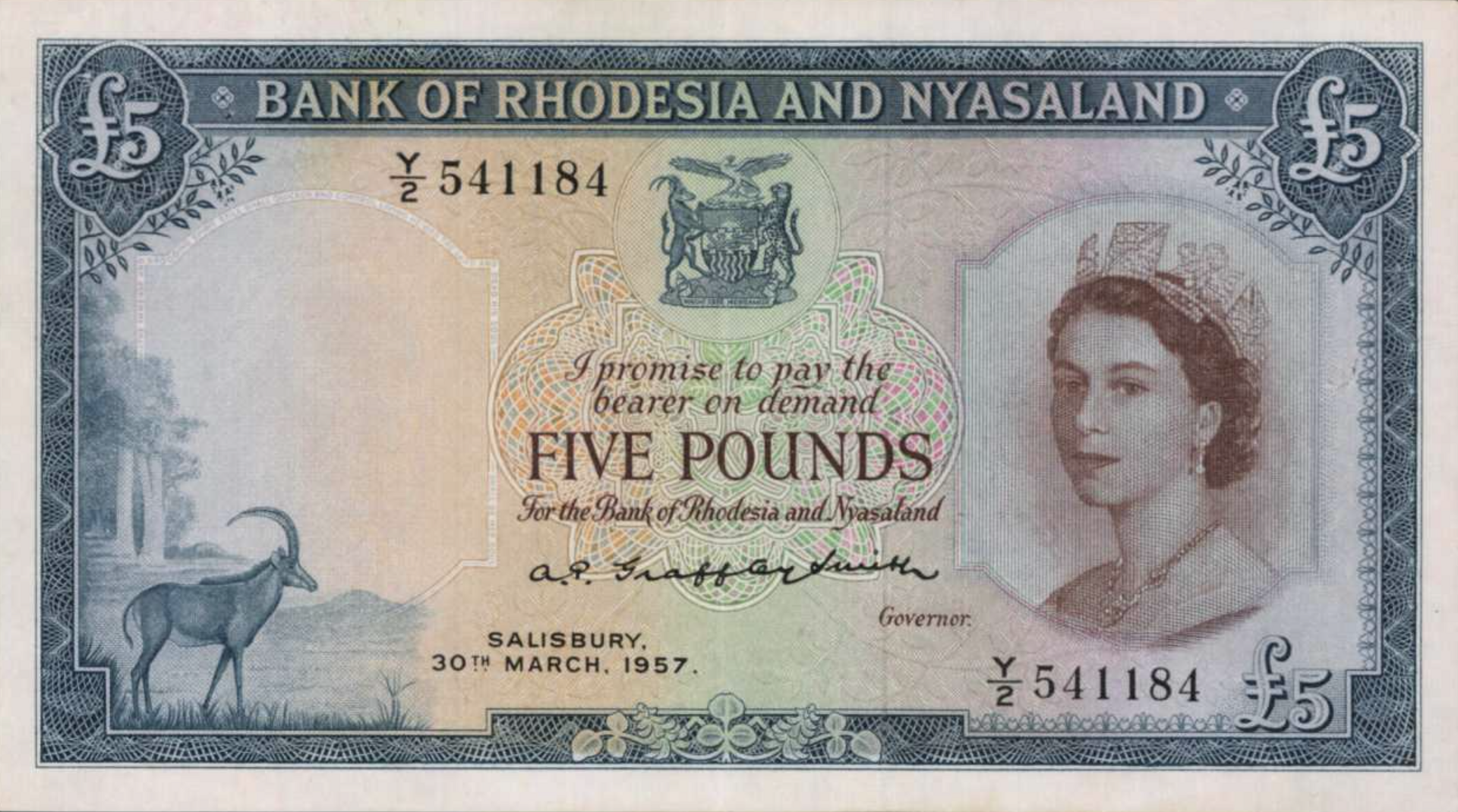 A Rhodesian banknote bearing the British queen's portrait. For most of the twentieth century the colony was ruled by its white minority, who declared independence in 1965 rather than accept majority rule, triggering a long liberation war.