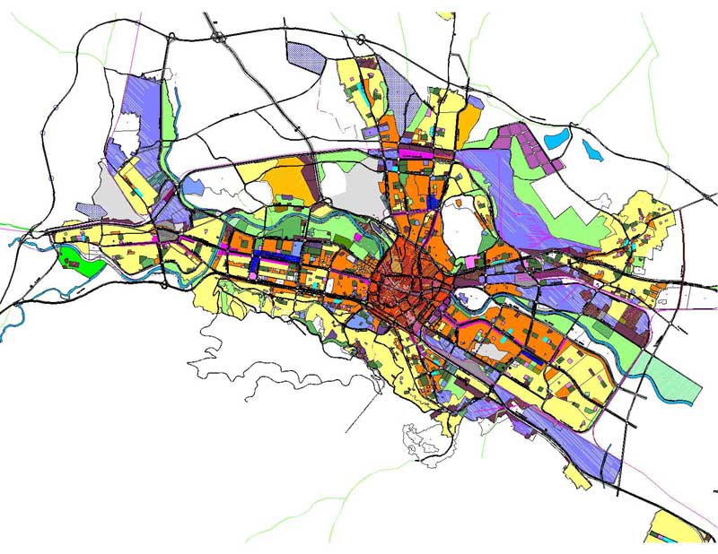 A city land use plan. Zoning divides territory into districts and specifies what may be built in each, which is what makes the city's form a legal outcome as much as an economic one.