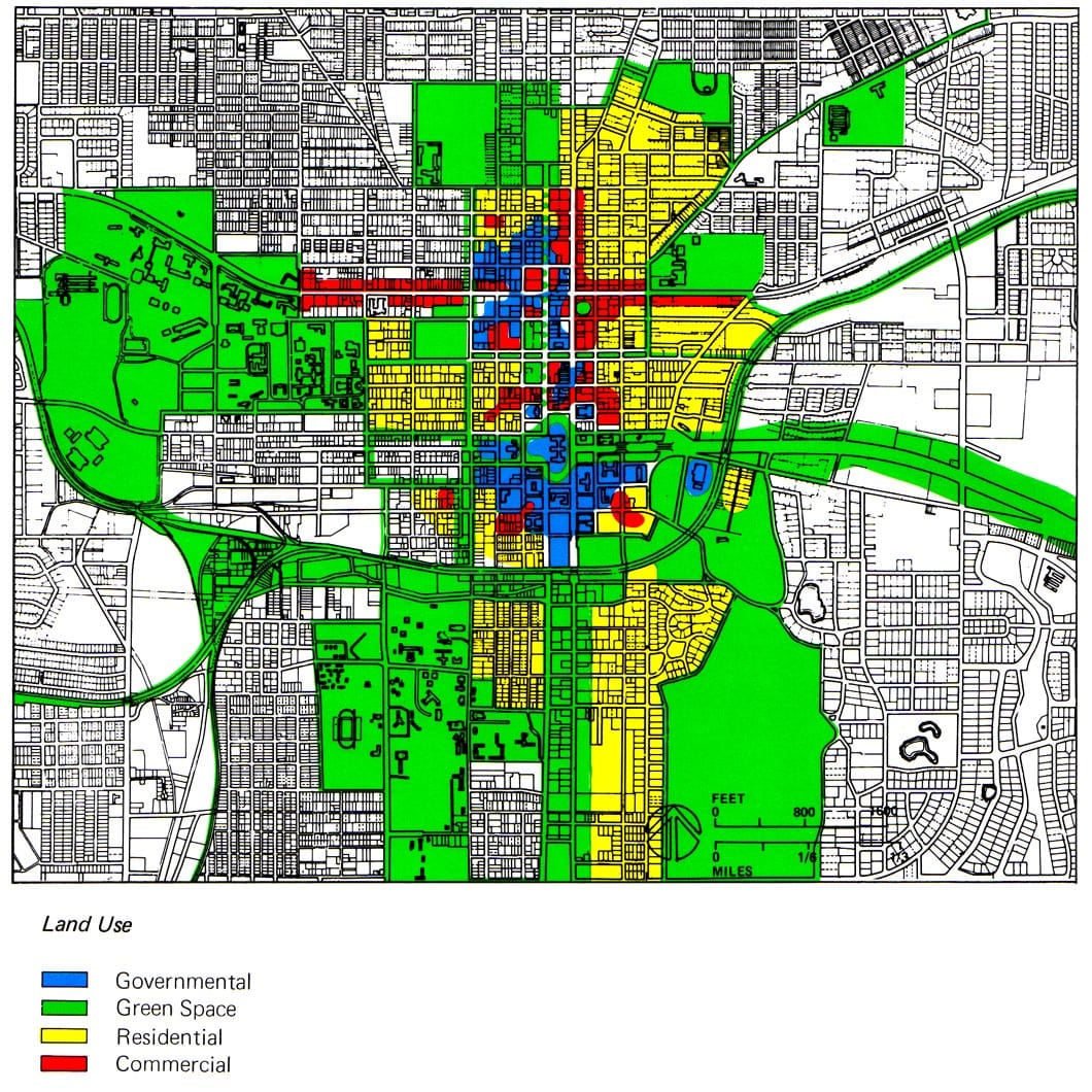 A land use map. Because zoning is decided locally and changed slowly, patterns set decades ago continue to determine what can be built now.